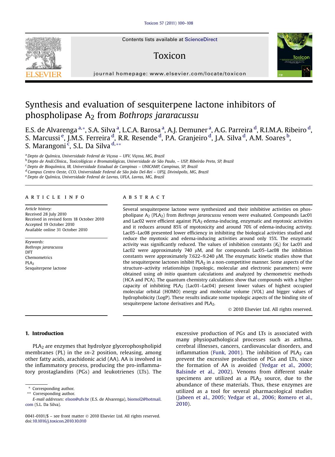 Synthesis and evaluation of sesquiterpene lactone inhibitors of phospholipase A2 from Bothrops jararacussu by unknow
