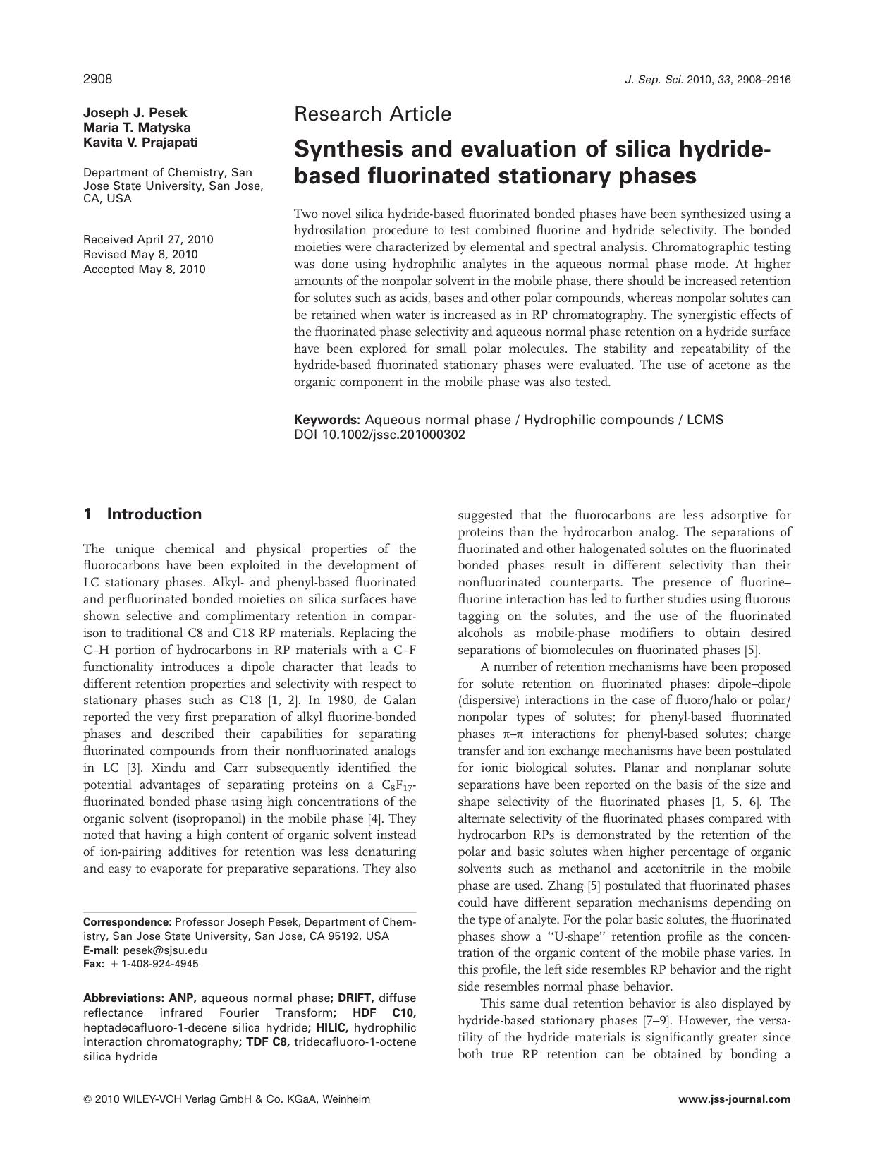 Synthesis and evaluation of silica hydridebased fluorinated stationary phases by Unknown