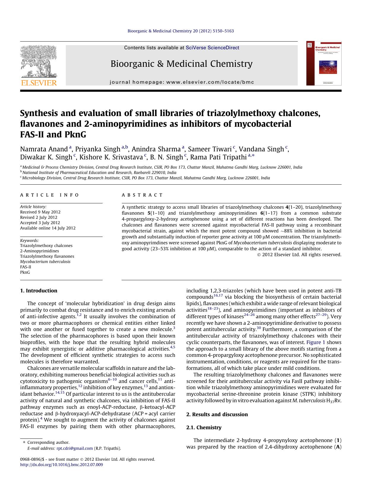 Synthesis and evaluation of small libraries of triazolylmethoxy chalcones, flavanones and 2-aminopyrimidines as inhibitors of mycobacterial FAS-II and PknG by unknow