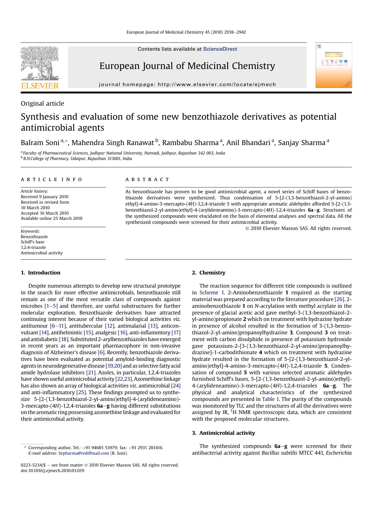 Synthesis and evaluation of some new benzothiazole derivatives as potential antimicrobial agents by Balram Soni; Mahendra Singh Ranawat; Rambabu Sharma; Anil Bhandari; Sanjay Sharma