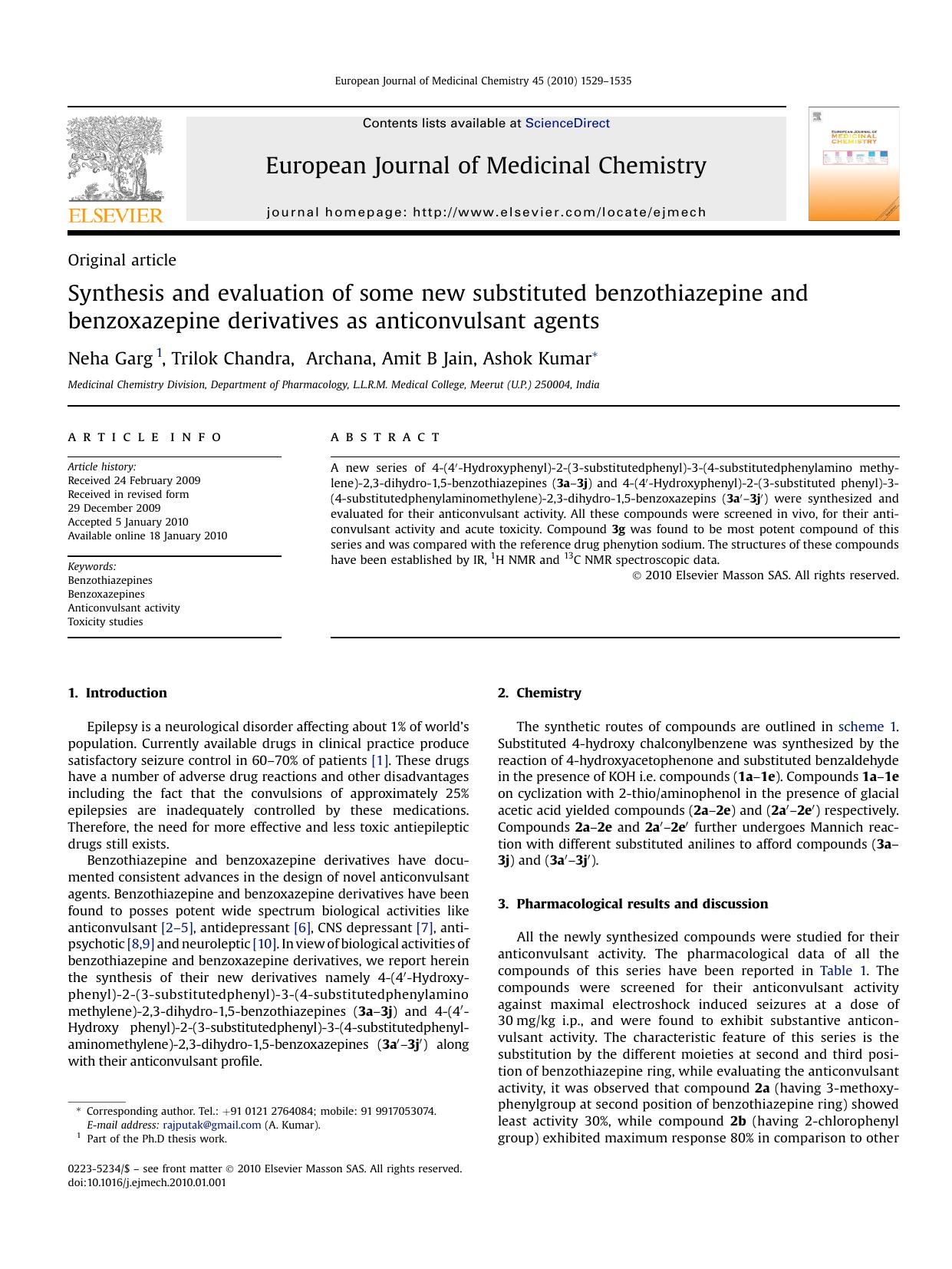 Synthesis and evaluation of some new substituted benzothiazepine and benzoxazepine derivatives as anticonvulsant agents by Neha Garg; Trilok Chandra; Archana; Amit B Jain; Ashok Kumar