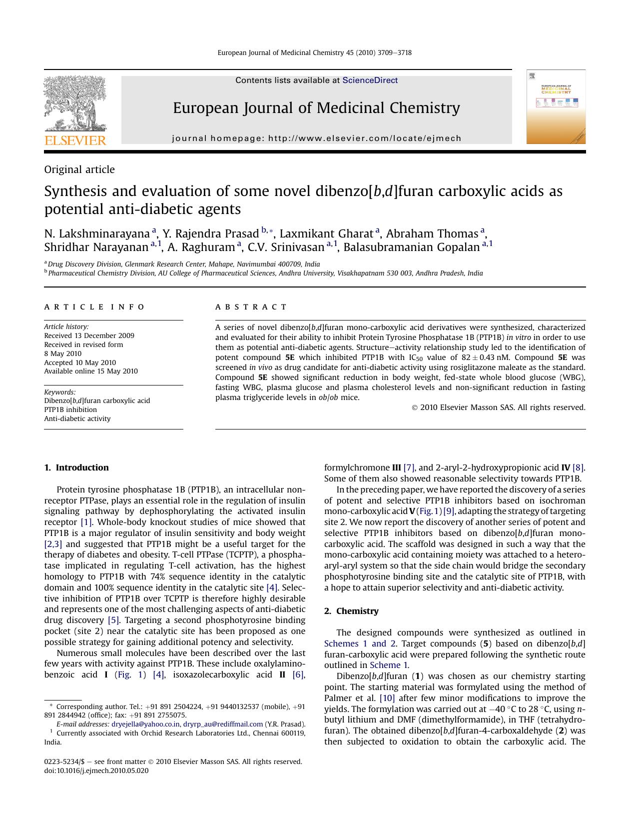 Synthesis and evaluation of some novel dibenzo[b,d]furan carboxylic acids as potential anti-diabetic agents by unknow