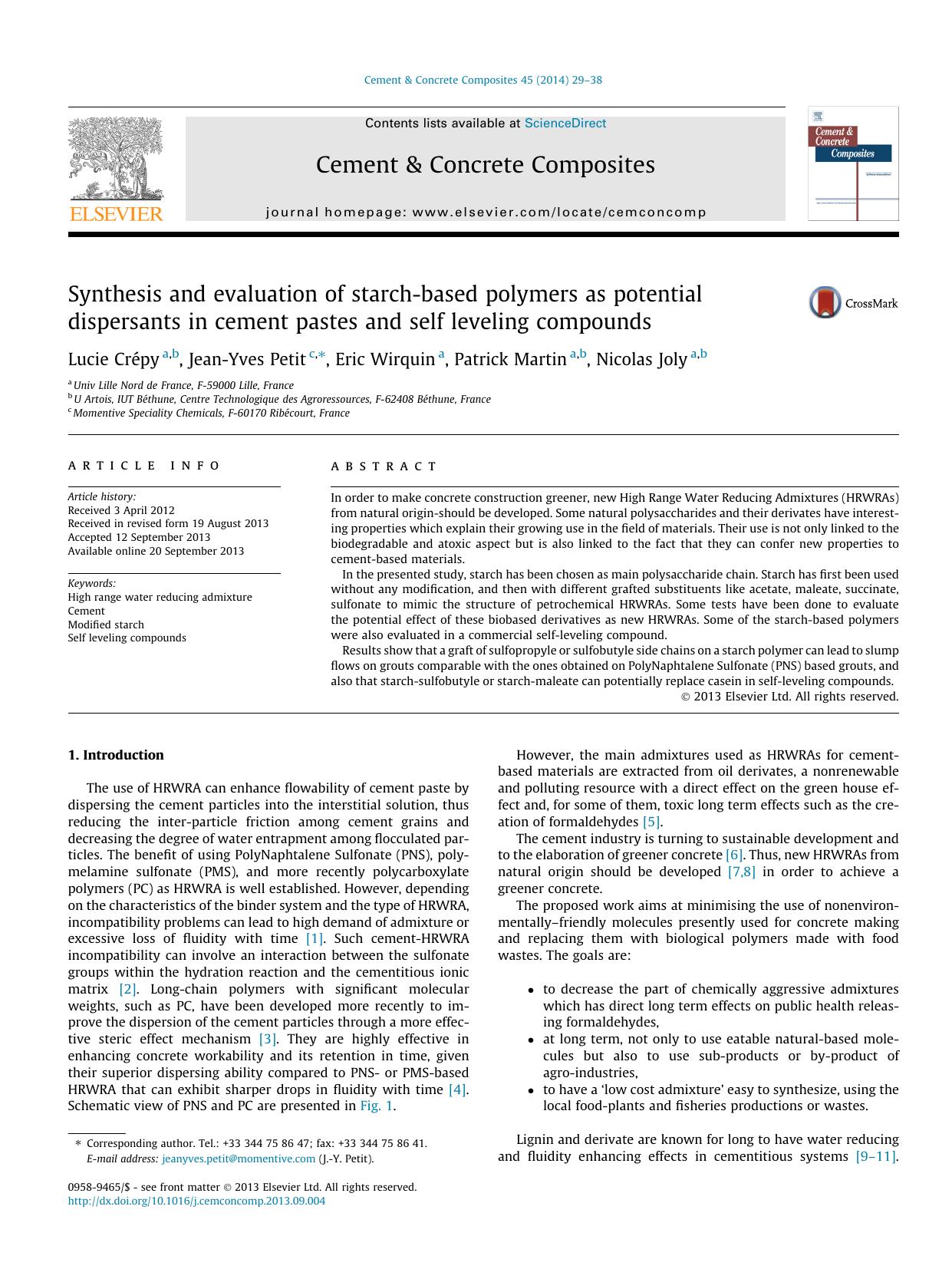 Synthesis and evaluation of starch-based polymers as potential dispersants in cement pastes and self leveling compounds by Lucie Crépy & Jean-Yves Petit & Eric Wirquin & Patrick Martin & Nicolas Joly