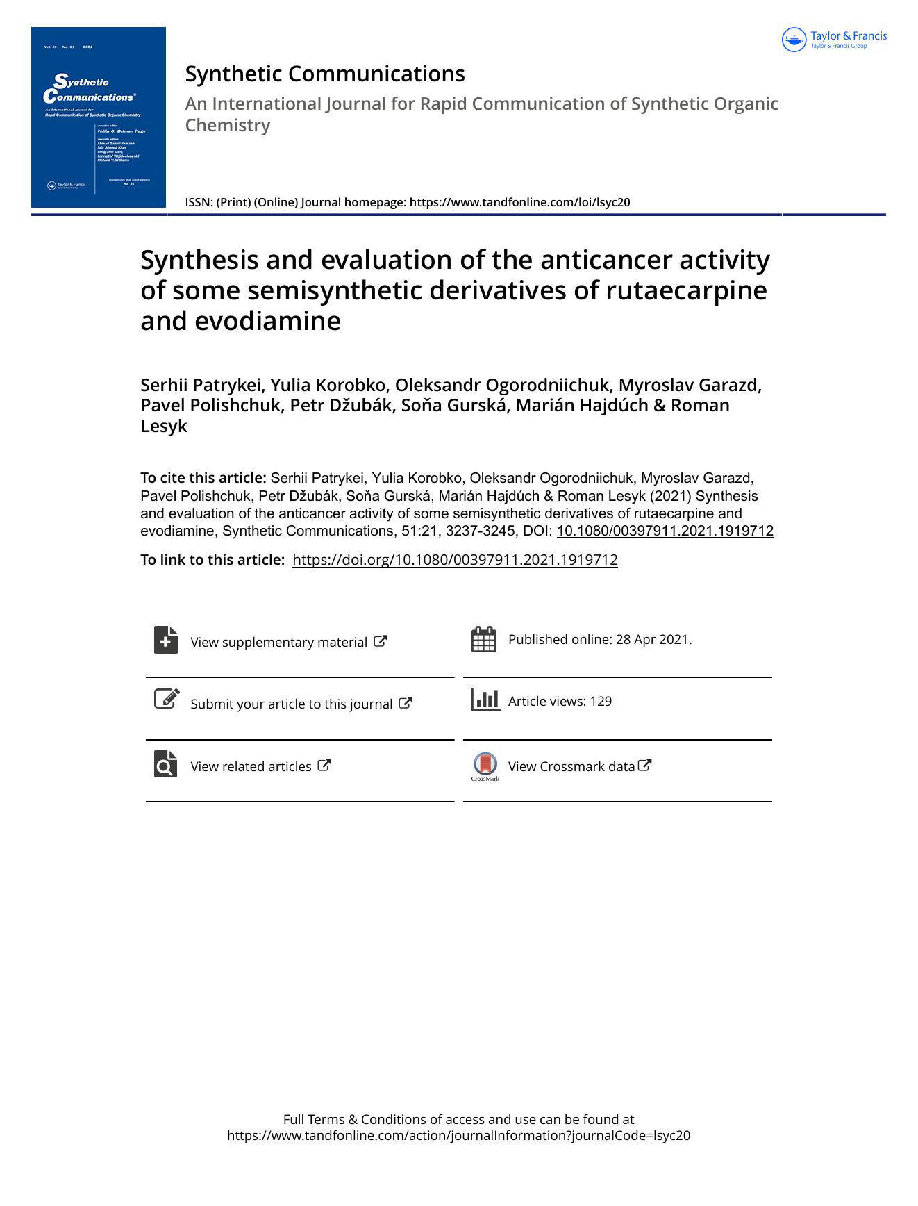 Synthesis and evaluation of the anticancer activity of some semisynthetic derivatives of rutaecarpine and evodiamine by unknow