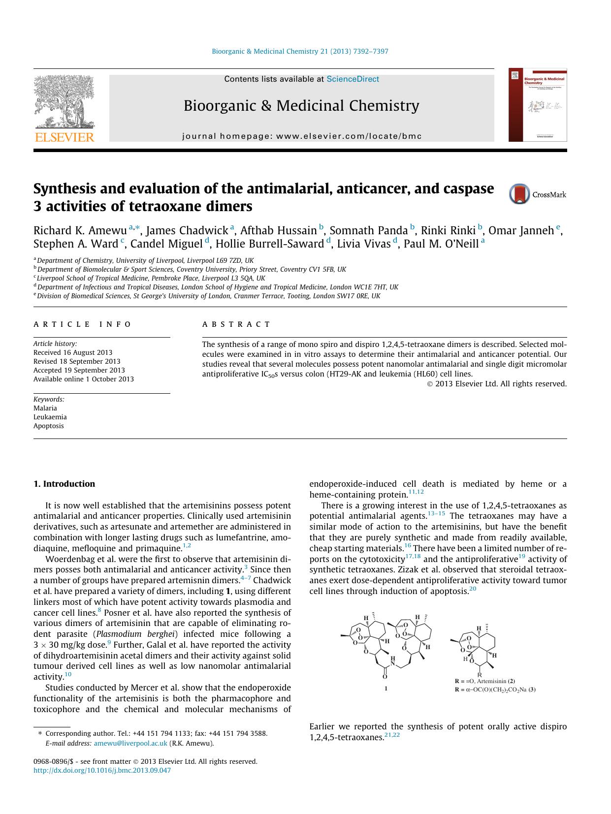 Synthesis and evaluation of the antimalarial, anticancer, and caspase 3 activities of tetraoxane dimers by unknow