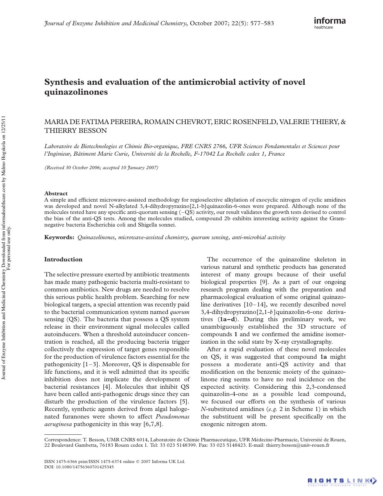 Synthesis and evaluation of the antimicrobial activity of novel quinazolinones by Maria De Fatima Pereira Romain Chevrot Eric Rosenfeld Valerie Thiery & Thierry Besson