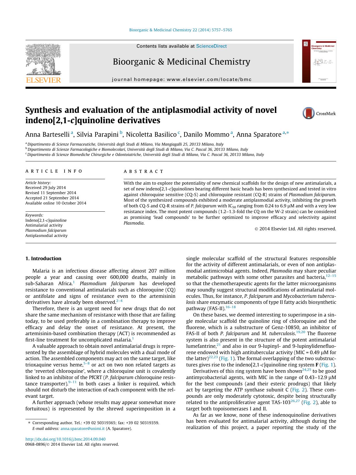 Synthesis and evaluation of the antiplasmodial activity of novel indeno[2,1-c]quinoline derivatives by Anna Barteselli & Silvia Parapini & Nicoletta Basilico & Danilo Mommo & Anna Sparatore