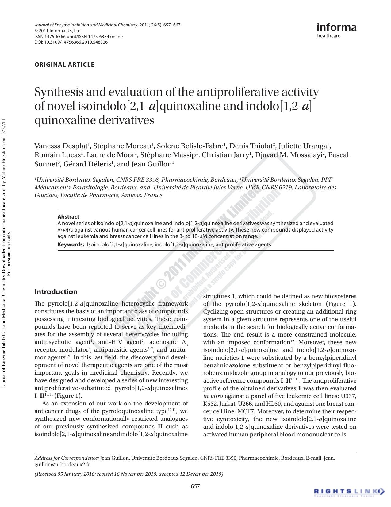 Synthesis and evaluation of the antiproliferative activity of novel isoindolo[2,1-a]quinoxaline and indolo[1,2-a]quinoxaline derivatives by unknow