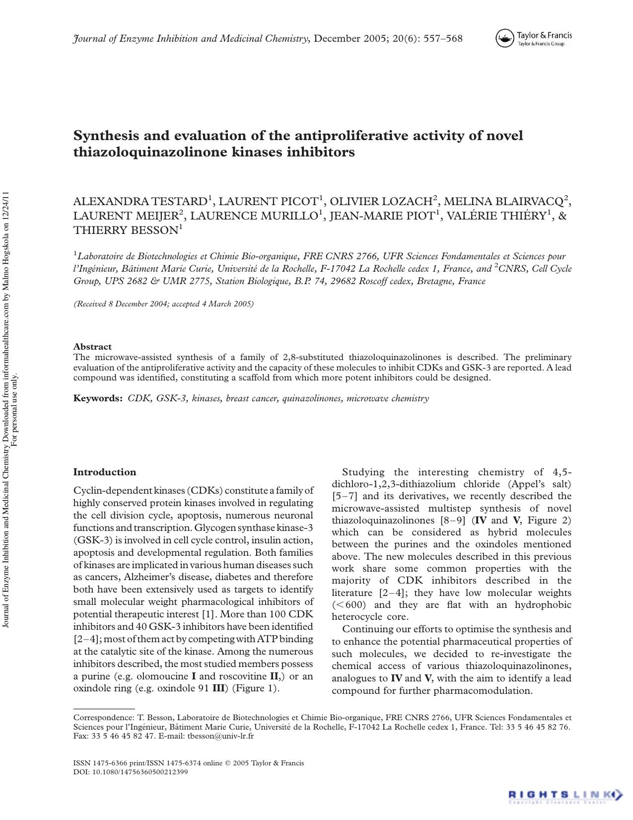 Synthesis and evaluation of the antiproliferative activity of novel thiazoloquinazolinone kinases inhibitors by unknow