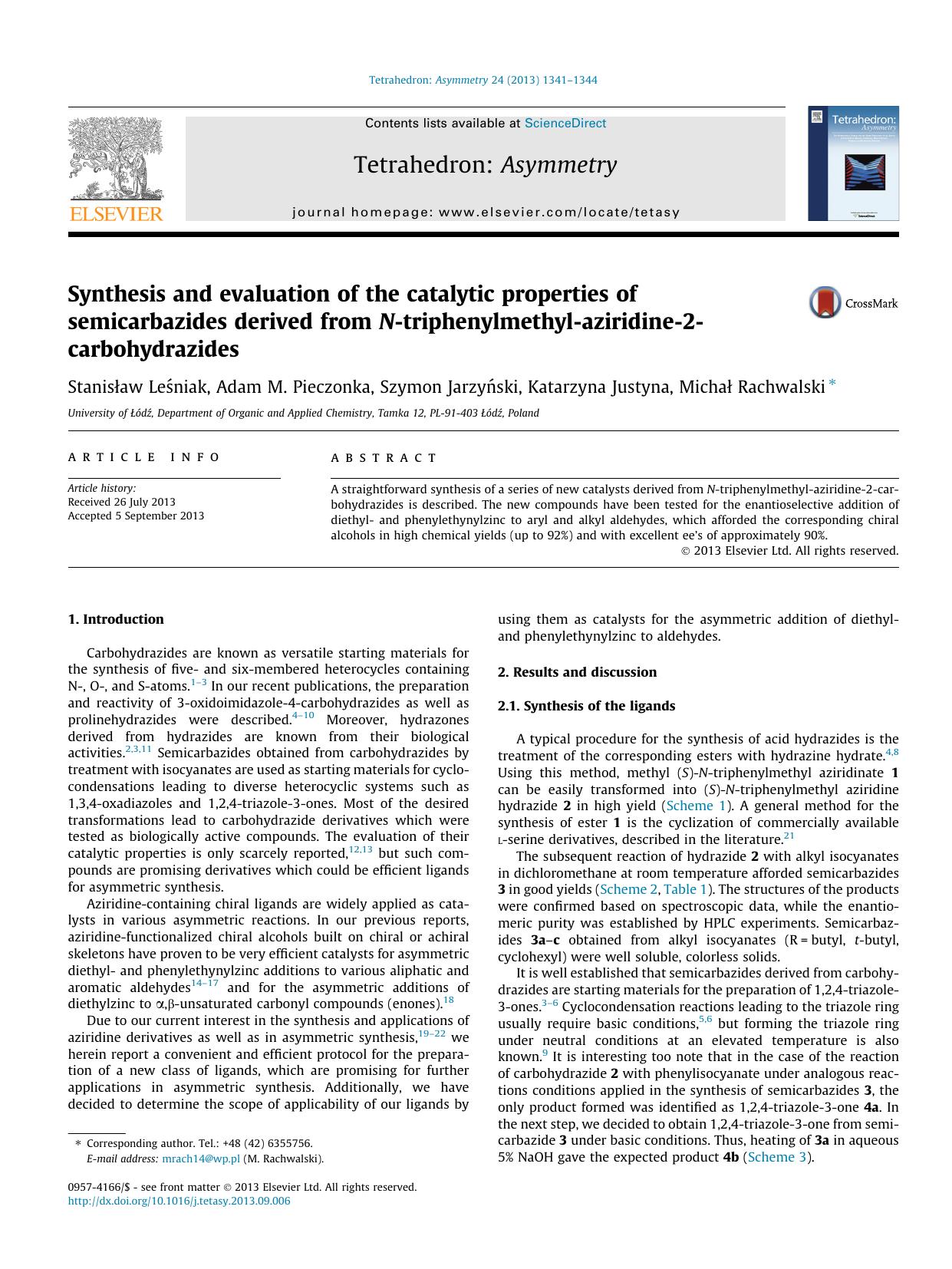 Synthesis and evaluation of the catalytic properties of semicarbazides derived from N-triphenylmethyl-aziridine-2-carbohydrazides by unknow