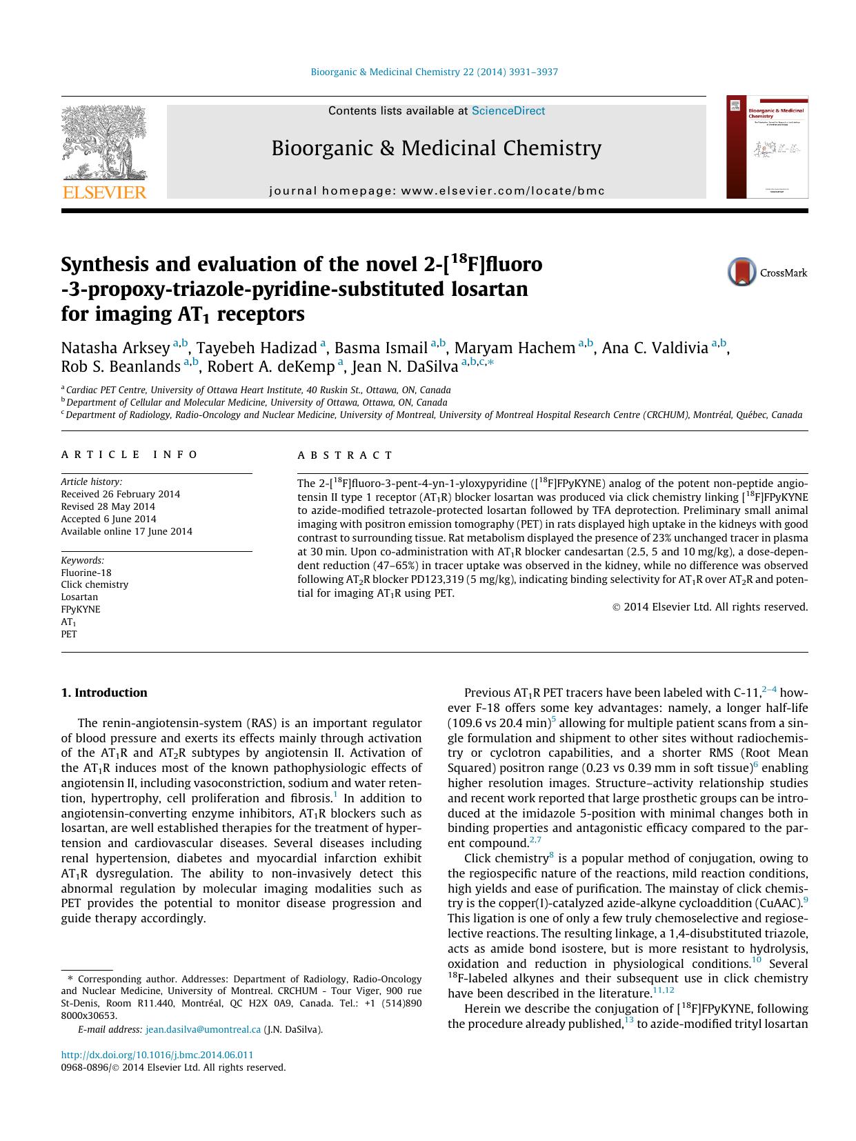 Synthesis and evaluation of the novel 2-[18F]fluoro-3-propoxy-triazole-pyridine-substituted losartan for imaging AT1 receptors by unknow
