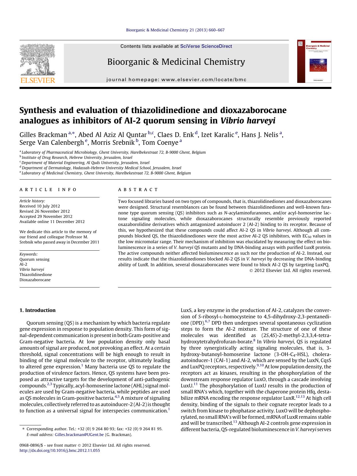 Synthesis and evaluation of thiazolidinedione and dioxazaborocane analogues as inhibitors of AI-2 quorum sensing in Vibrio harveyi by unknow