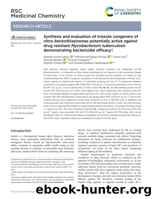 Synthesis and evaluation of triazole congeners of nitro-benzothiazinones potentially active against drug resistant Mycobacterium tuberculosis demonstrating bactericidal efficacy by unknow