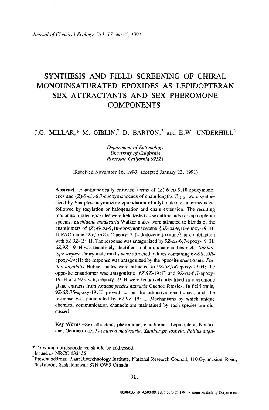 Synthesis and field screening of chiral monounsaturated epoxides as lepidopteran sex attractants and sex pheromone components by Unknown