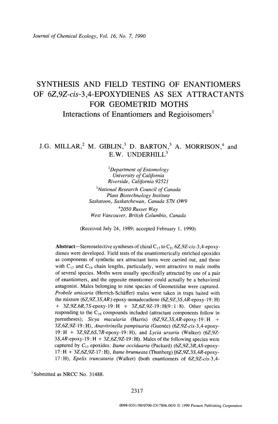 Synthesis and field testing of enantiomers of 6Z,9Z- <Emphasis Type="Italic">cis <Emphasis>-3,4-epoxydienes as sex attractants for geometrid moths by Unknown