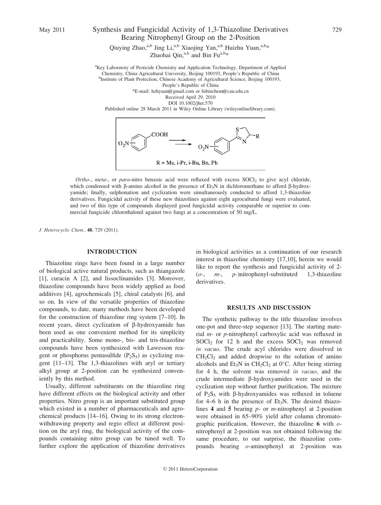 Synthesis and fungicidal activity of 1,3thiazoline derivatives bearing nitrophenyl group on the 2position by Unknown