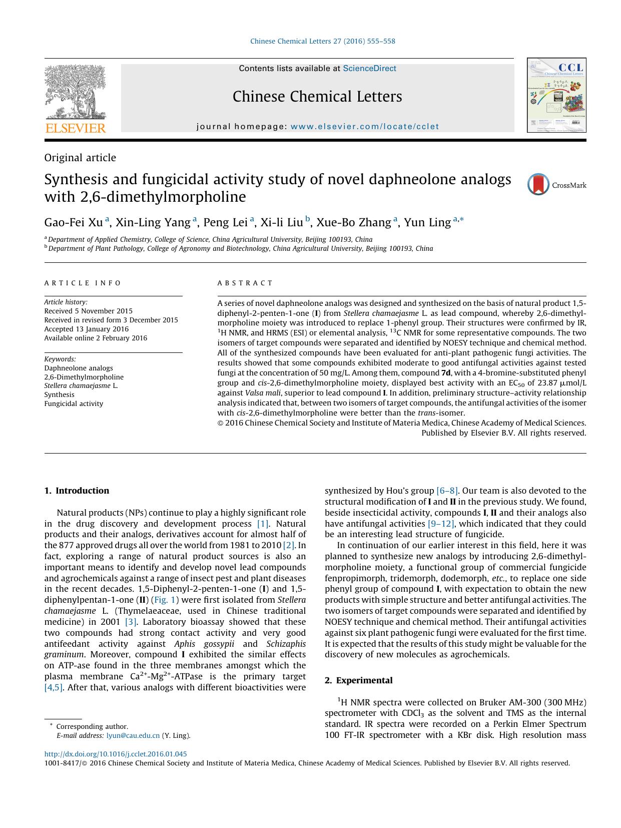 Synthesis and fungicidal activity study of novel daphneolone analogs with 2,6-dimethylmorpholine by Gao-Fei Xu & Xin-Ling Yang & Peng Lei & Xi-li Liu & Xue-Bo Zhang & Yun Ling