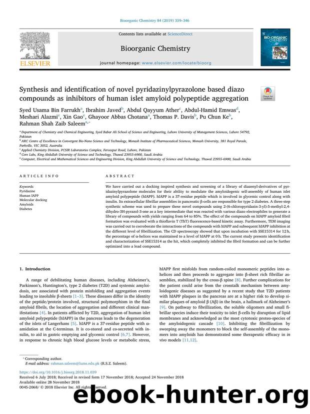 Synthesis and identification of novel pyridazinylpyrazolone based diazo compounds as inhibitors of human islet amyloid polypeptide aggregation by unknow