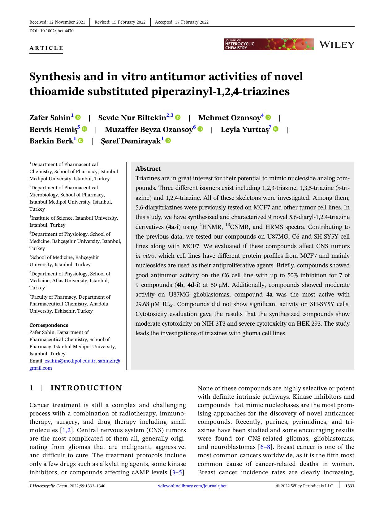 Synthesis and in vitro Antitumor Activities of Novel Thioamide Substituted Piperazinyl-1,2,4-Triazines by Unknown