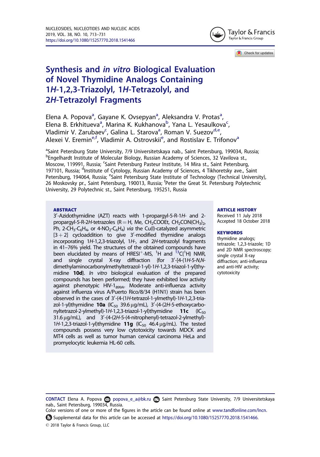 Synthesis and in vitro Biological Evaluation of Novel Thymidine Analogs Containing 1H-1,2,3-Triazolyl, 1H-Tetrazolyl, and 2H-Tetrazolyl Fragments by unknow