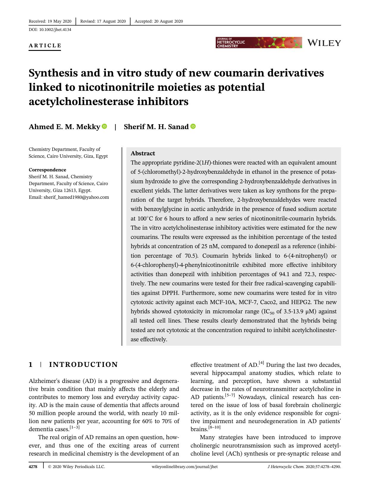 Synthesis and in vitro Study of new Coumarin Derivatives Linked to Nicotinonitrile Moieties as Potential Acetylcholinesterase Inhibitors by Unknown