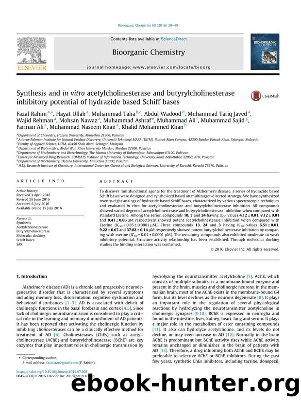 Synthesis and in vitro acetylcholinesterase and butyrylcholinesterase inhibitory potential of hydrazide based Schiff bases by unknow