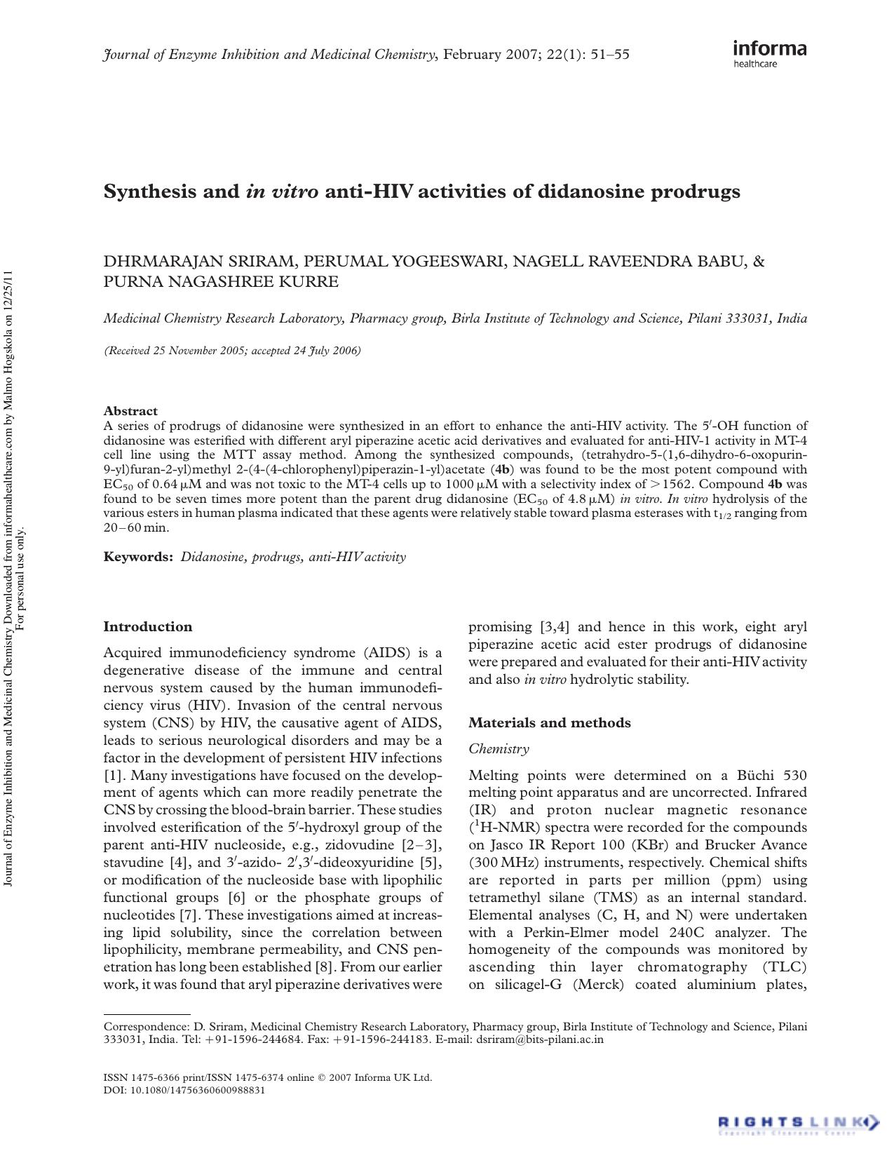 Synthesis and in vitro anti-HIV activities of didanosine prodrugs by Dhrmarajan Sriram Perumal Yogeeswari Nagell Raveendra Babu & Purna Nagashree Kurre
