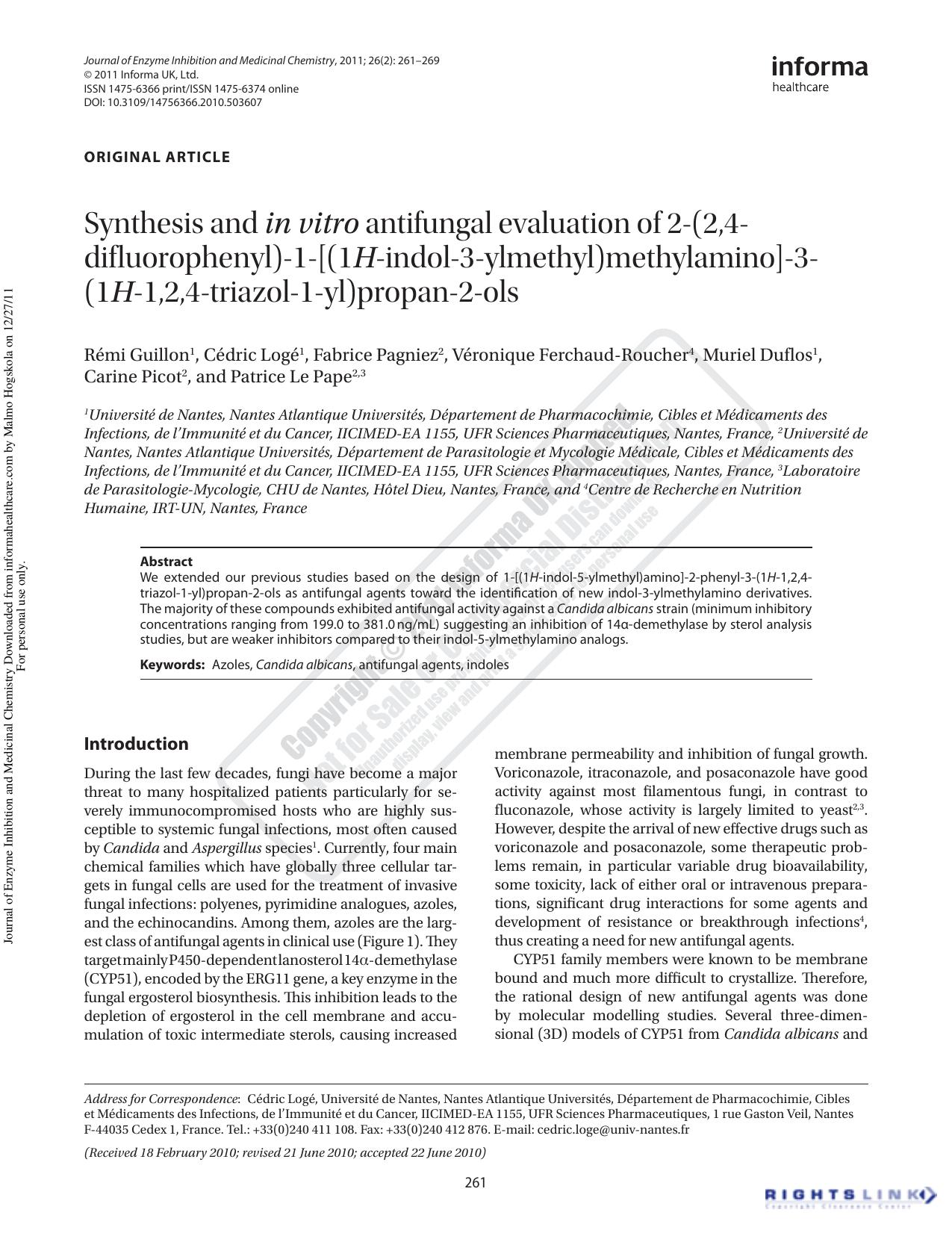 Synthesis and in vitro antifungal evaluation of 2-(2,4-difluorophenyl)-1-[(1H-indol-3-ylmethyl)methylamino]-3-(1H-1,2,4-triazol-1-yl)propan-2-ols by unknow