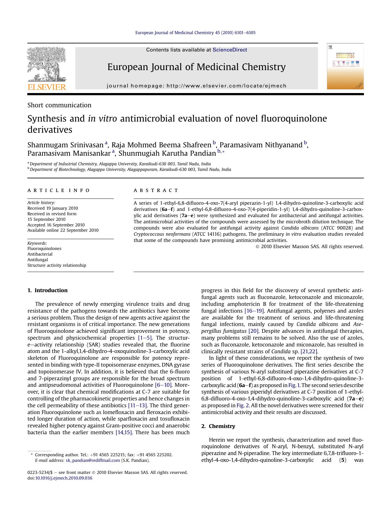 Synthesis and in vitro antimicrobial evaluation of novel fluoroquinolone derivatives by unknow