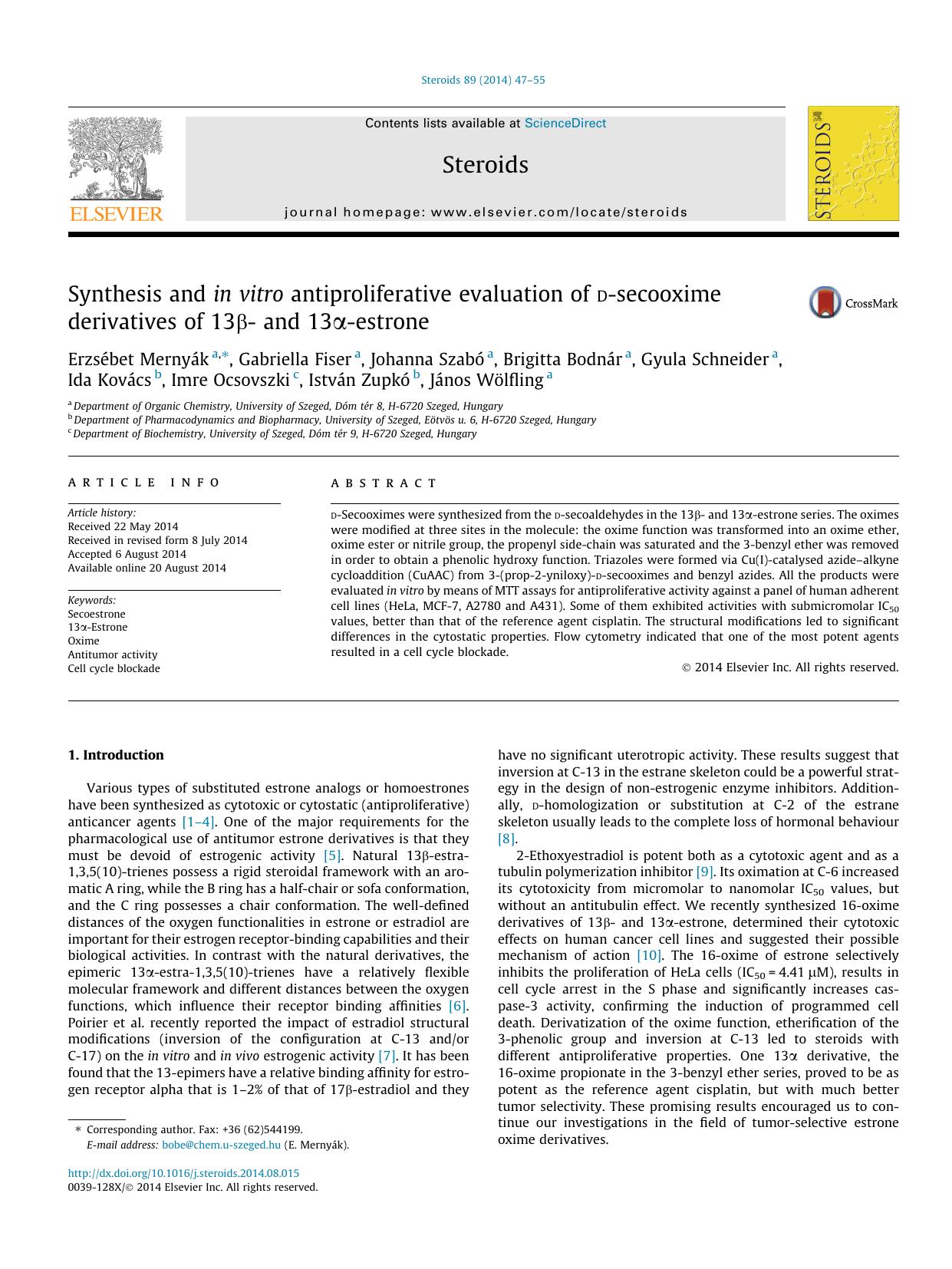 Synthesis and in vitro antiproliferative evaluation of d-secooxime derivatives of 13Î²- and 13Î±-estrone by unknow