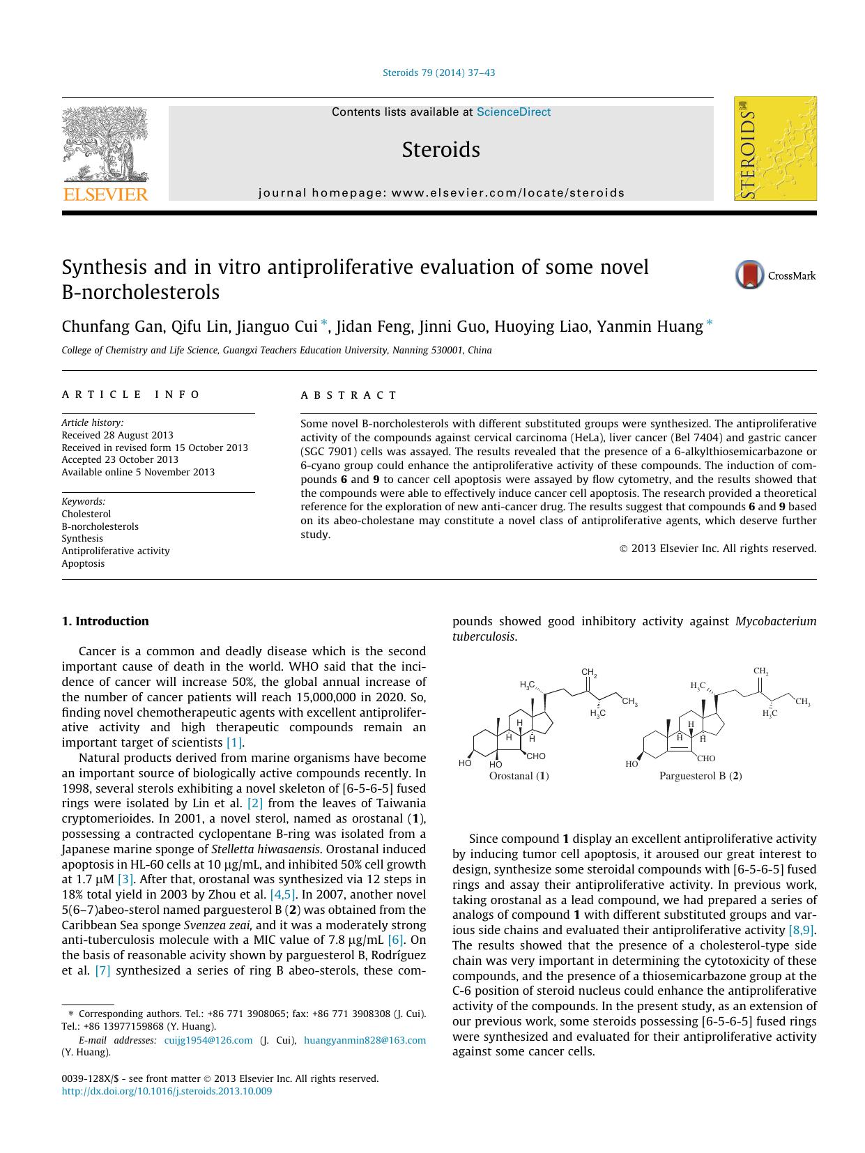 Synthesis and in vitro antiproliferative evaluation of some novel B-norcholesterols by Chunfang Gan & Qifu Lin & Jianguo Cui & Jidan Feng & Jinni Guo & Huoying Liao & Yanmin Huang