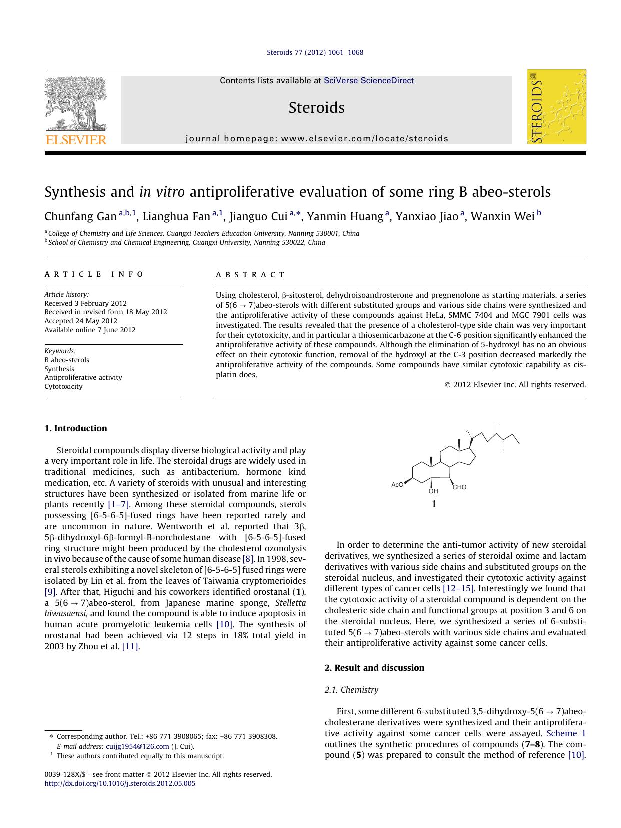 Synthesis and in vitro antiproliferative evaluation of some ring B abeo-sterols by Chunfang Gan & Lianghua Fan & Jianguo Cui & Yanmin Huang & Yanxiao Jiao & Wanxin Wei