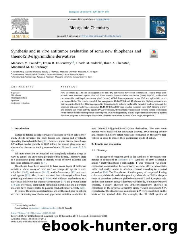 Synthesis and in vitro antitumor evaluation of some new thiophenes and thieno[2,3-d]pyrimidine derivatives by Mahasen M. Fouad & Eman R. El-Bendary & Ghada M. suddek & Ihsan A. Shehata & Mohamed M. El-Kerdawy