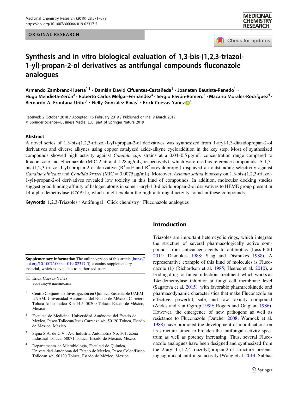 Synthesis and in vitro biological evaluation of 1,3-bis-(1,2,3-triazol-1-yl)-propan-2-ol derivatives as antifungal compounds fluconazole analogues by unknow