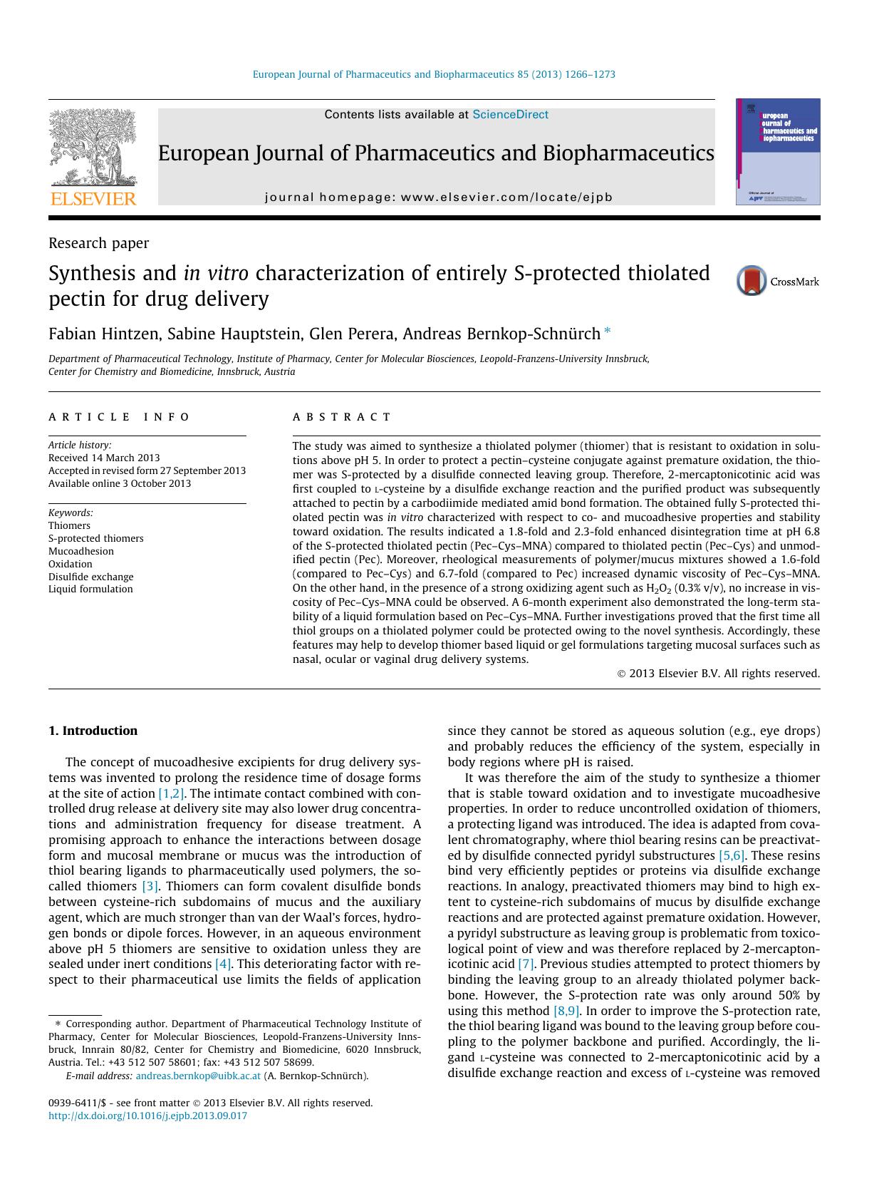 Synthesis and in vitro characterization of entirely S-protected thiolated pectin for drug delivery by Fabian Hintzen & Sabine Hauptstein & Glen Perera & Andreas Bernkop-Schnürch