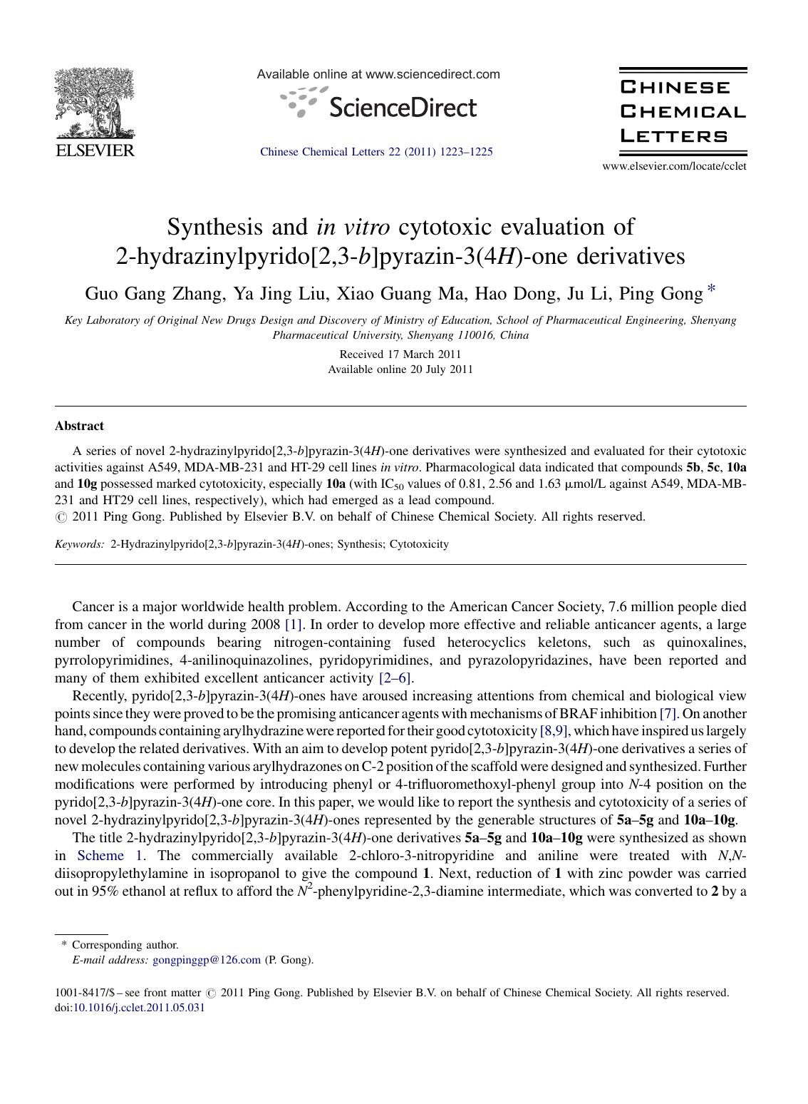 Synthesis and in vitro cytotoxic evaluation of 2-hydrazinylpyrido[2,3-b]pyrazin-3(4H)-one derivatives by Guo Gang Zhang