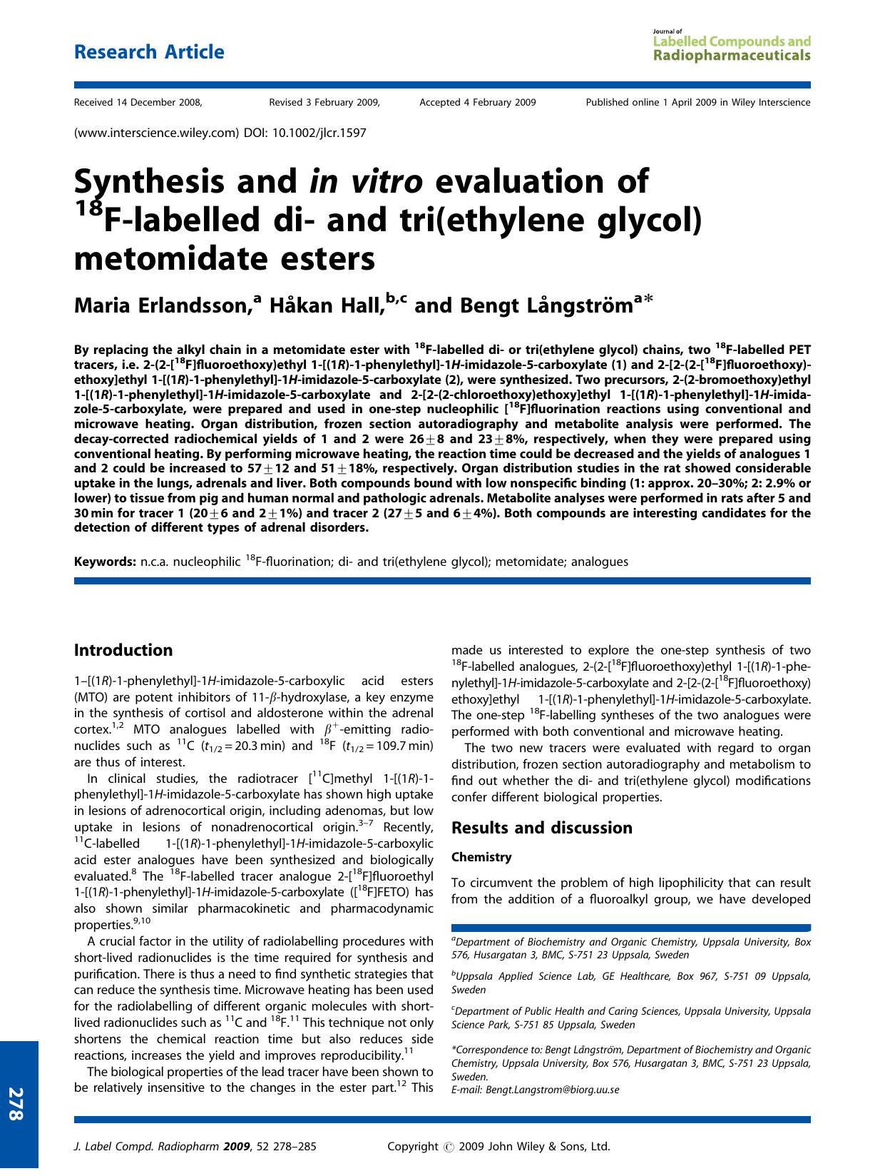 Synthesis and in vitro evaluation of 18F-labelled di- and tri(ethylene glycol) metomidate esters by Unknown