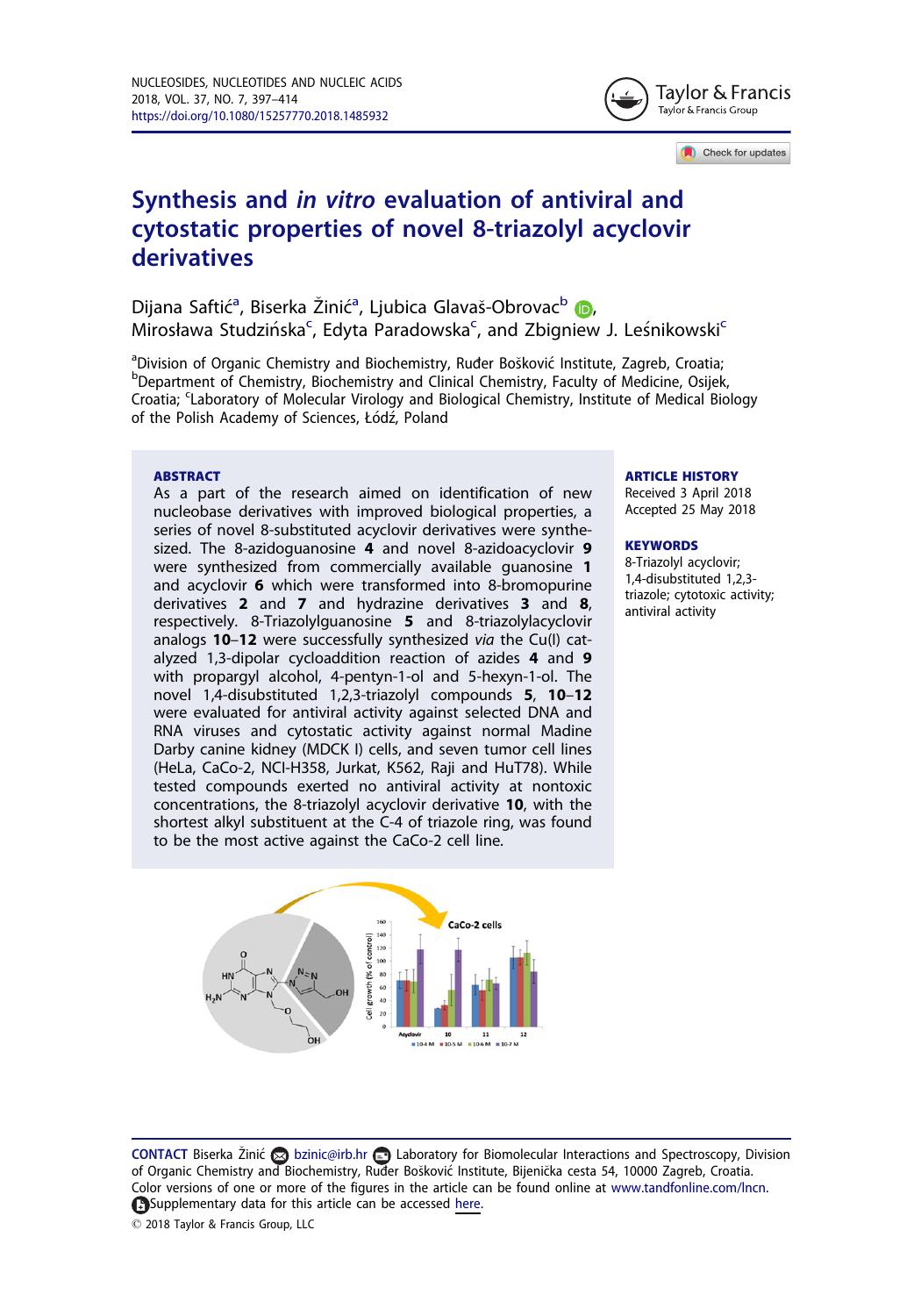 Synthesis and in vitro evaluation of antiviral and cytostatic properties of novel 8-triazolyl acyclovir derivatives by unknow