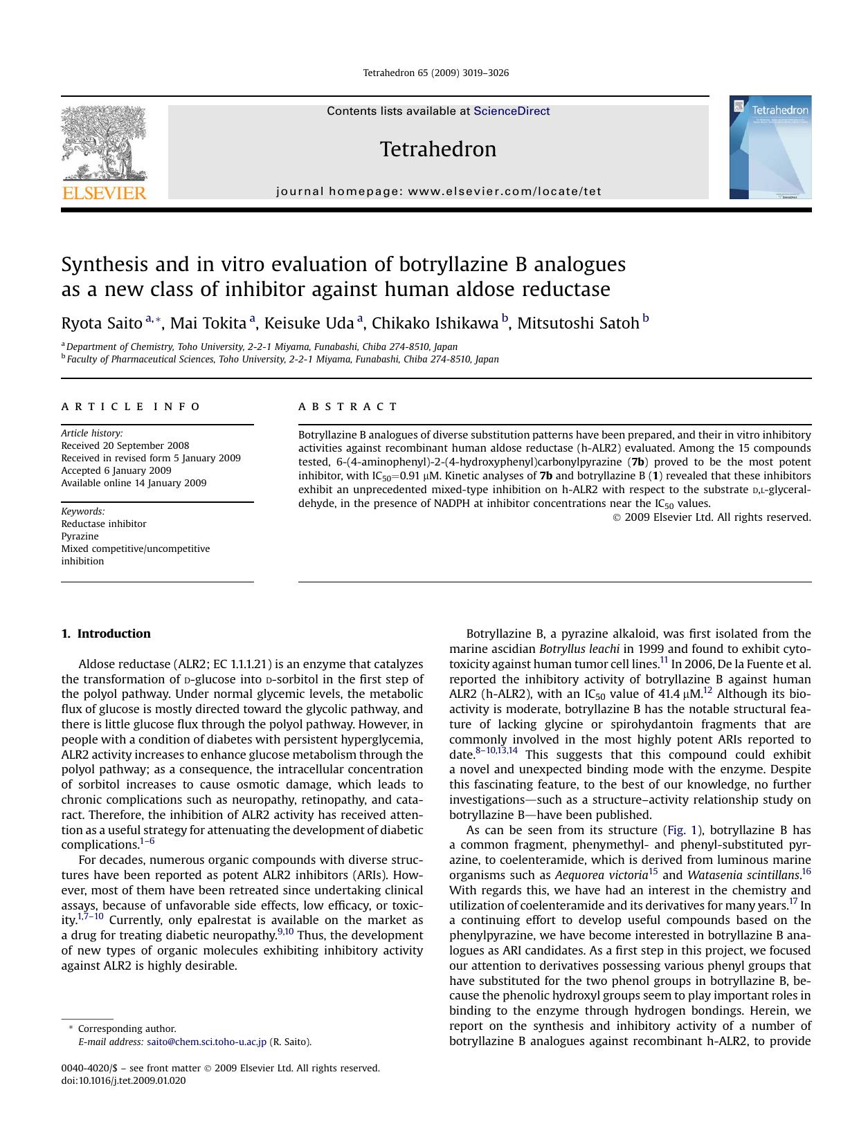 Synthesis and in vitro evaluation of botryllazine B analogues as a new class of inhibitor against human aldose reductase by Ryota Saito; Mai Tokita; Keisuke Uda; Chikako Ishikawa; Mitsutoshi Satoh