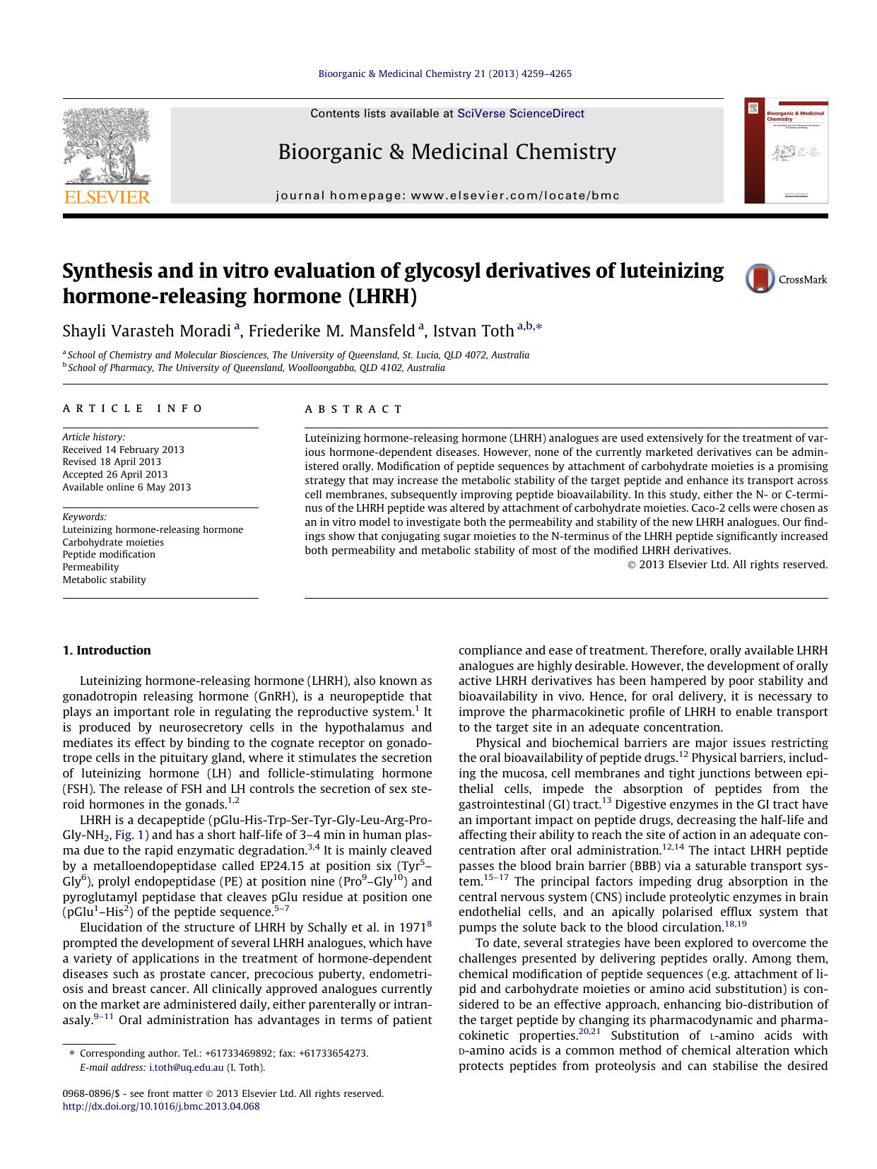 Synthesis and in vitro evaluation of glycosyl derivatives of luteinizing hormone-releasing hormone (LHRH) by Shayli Varasteh Moradi & Friederike M. Mansfeld & Istvan Toth