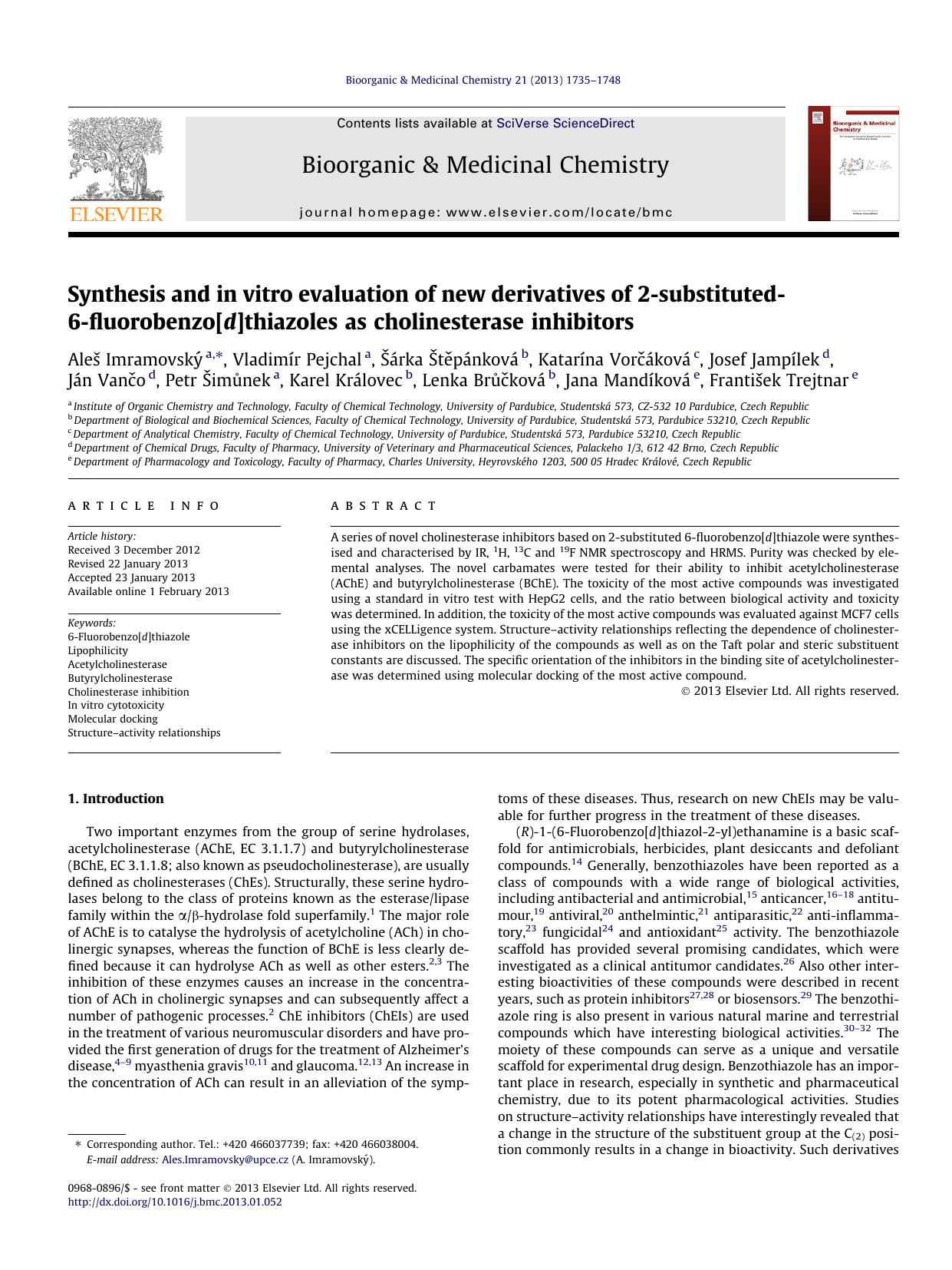 Synthesis and in vitro evaluation of new derivatives of 2-substituted-6-fluorobenzo[d]thiazoles as cholinesterase inhibitors by unknow