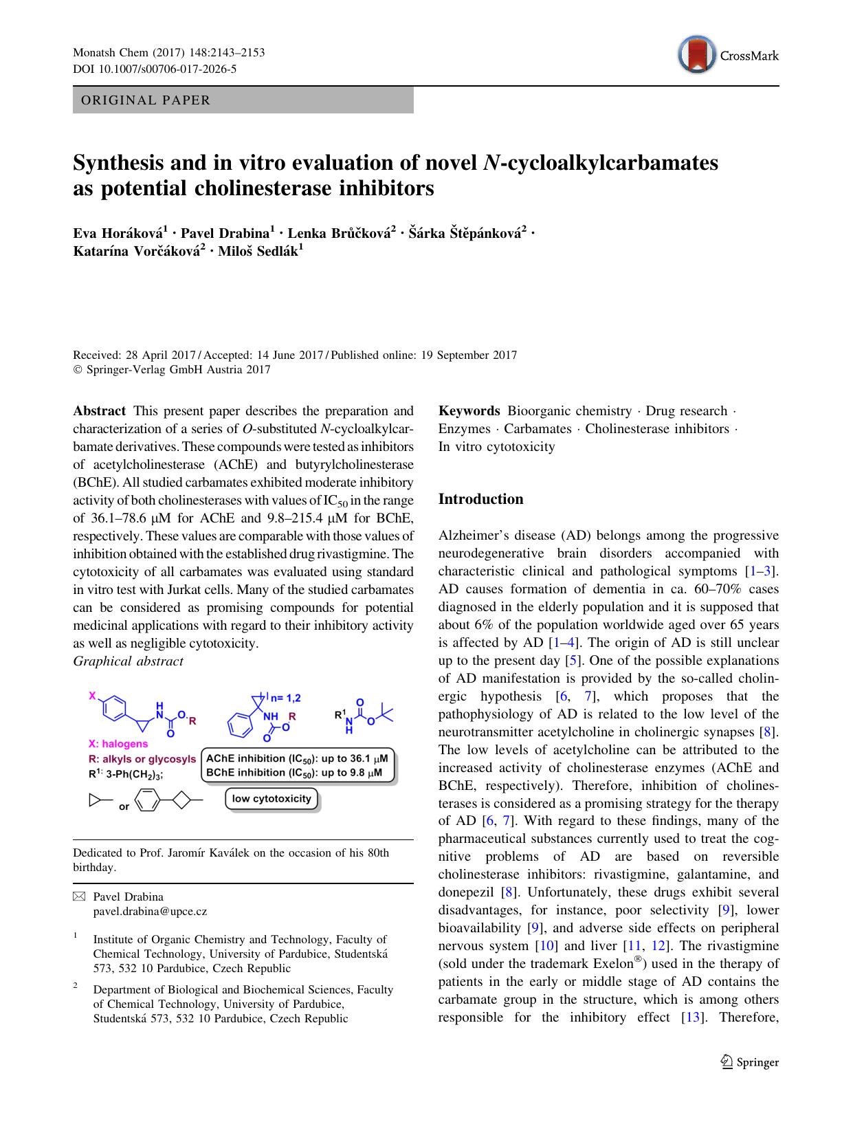 Synthesis and in vitro evaluation of novel N-cycloalkylcarbamates as potential cholinesterase inhibitors by unknow