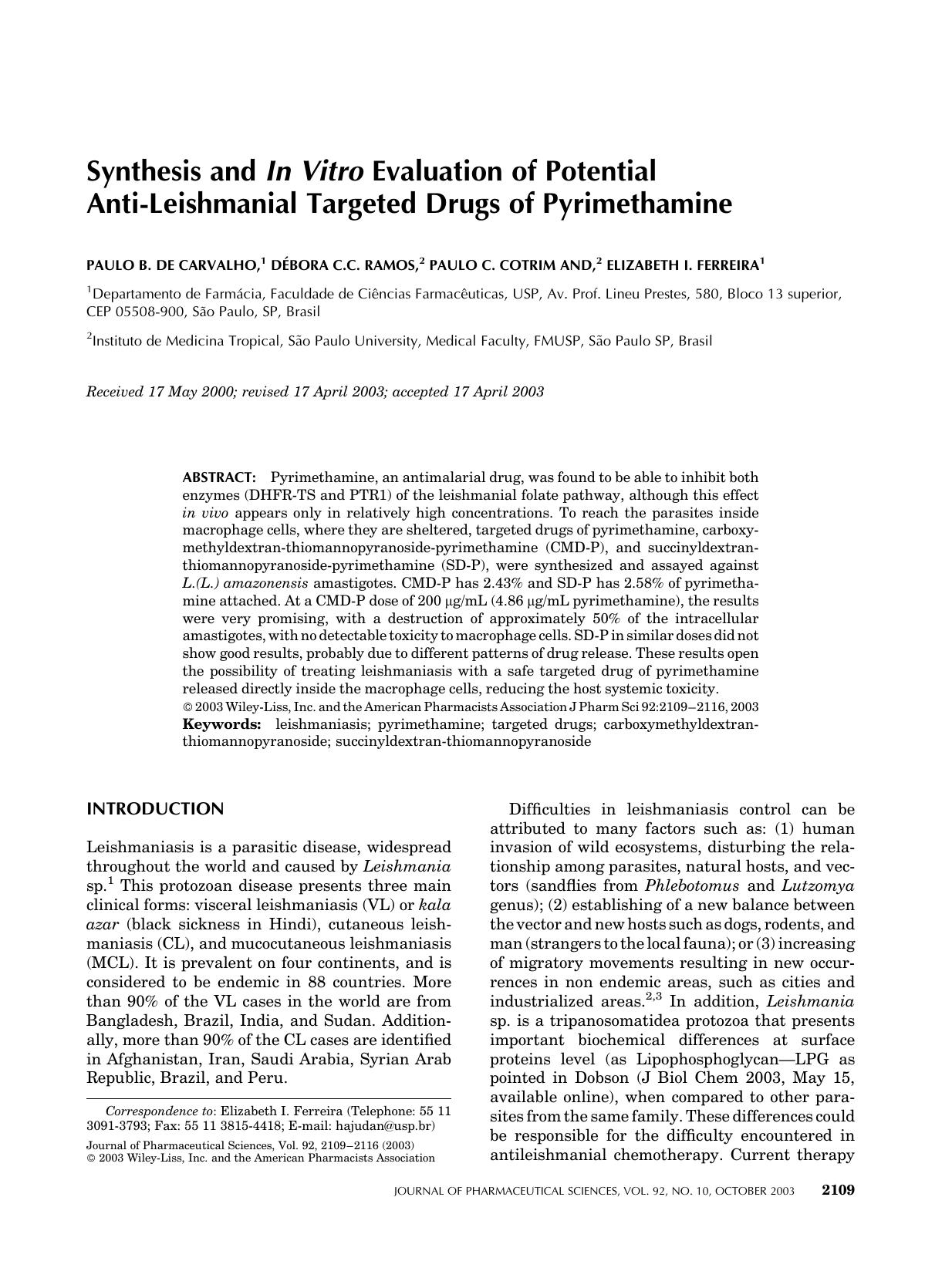 Synthesis and in vitro evaluation of potential anti-leishmanial targeted drugs of pyrimethamine by Unknown