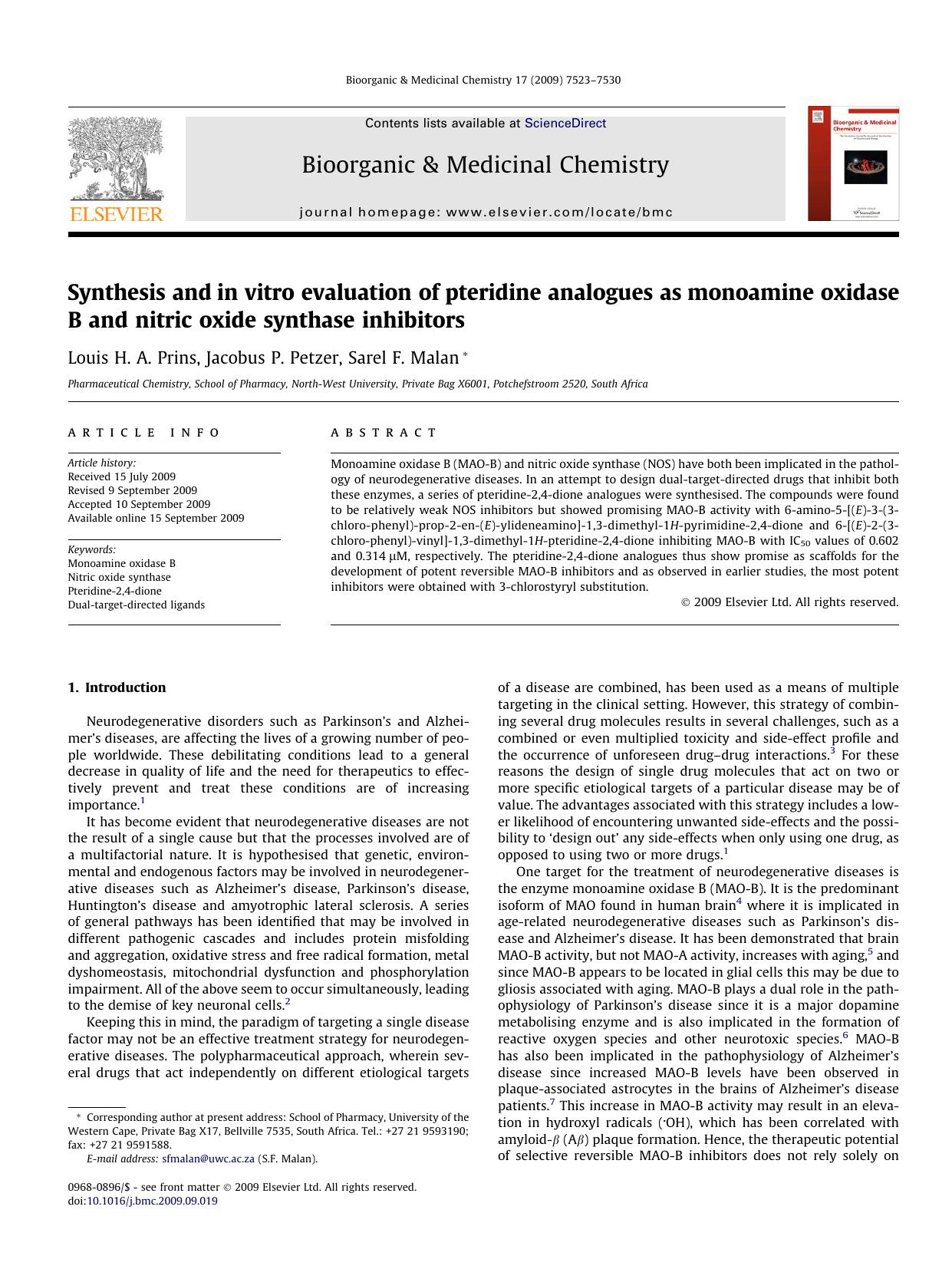 Synthesis and in vitro evaluation of pteridine analogues as monoamine oxidase B and nitric oxide synthase inhibitors by Louis H.A. Prins; Jacobus P. Petzer; Sarel F. Malan