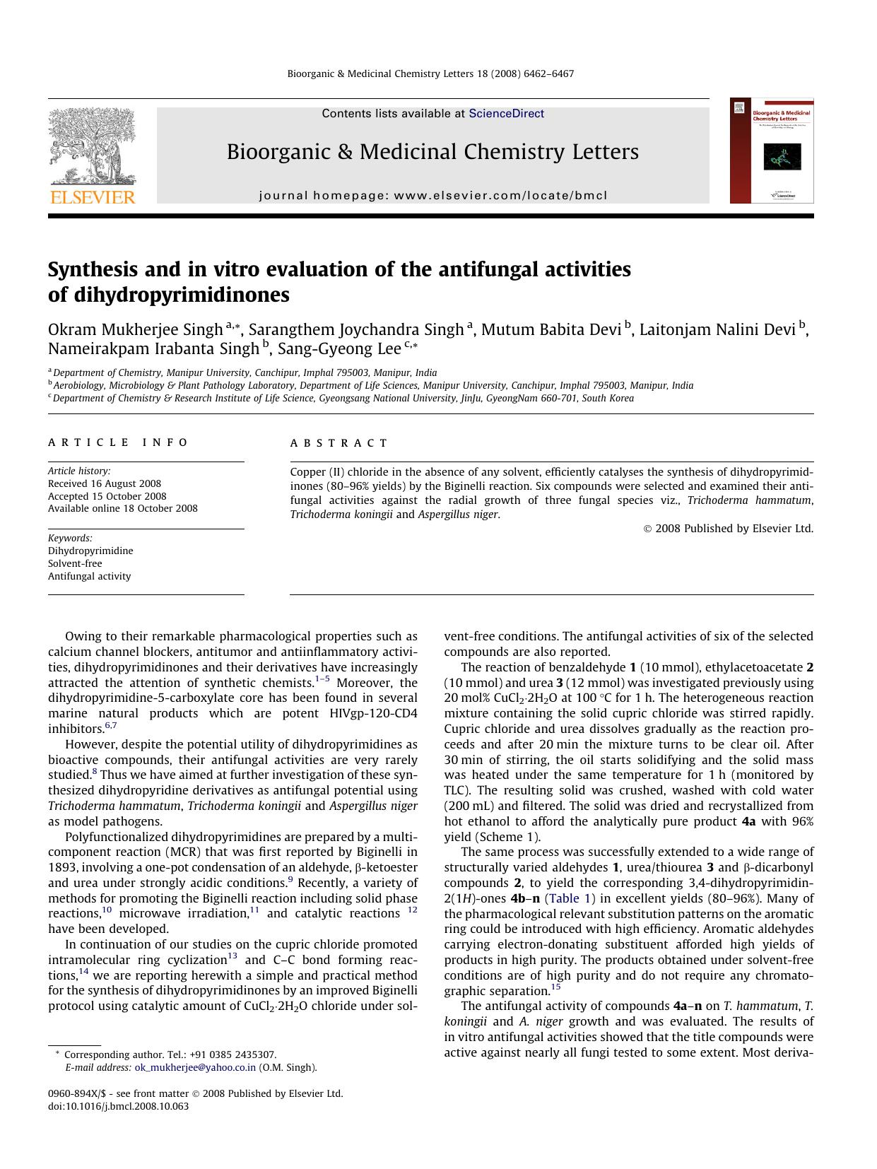 Synthesis and in vitro evaluation of the antifungal activities of dihydropyrimidinones by unknow