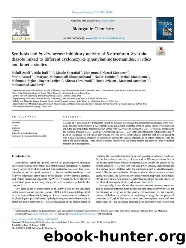 Synthesis and in vitro urease inhibitory activity of 5-nitrofuran-2-yl-thiadiazole linked to different cyclohexyl-2-(phenylamino)acetamides, in silico and kinetic studies by unknow
