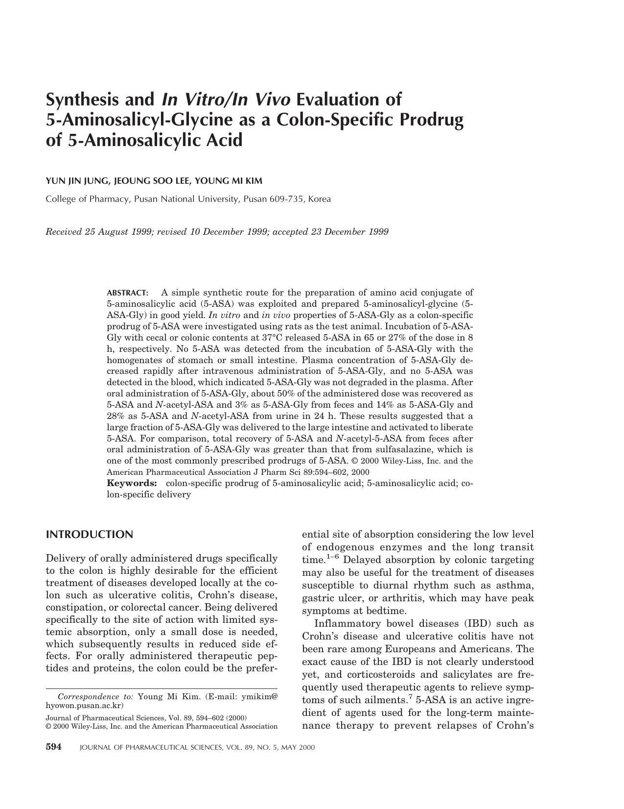 Synthesis and in vitroin vivo evaluation of 5-aminosalicyl-glycine as a colon-specific prodrug of 5-aminosalicylic acid by Unknown