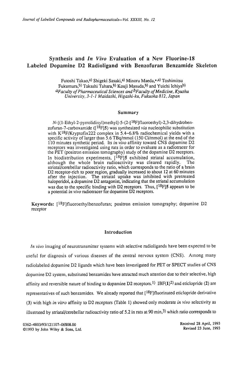 Synthesis and in vivo evaluation of a new fluorine-18 labeled dopamine D2 radioligand synthesis with benzofuran benzamide skeleton by Unknown