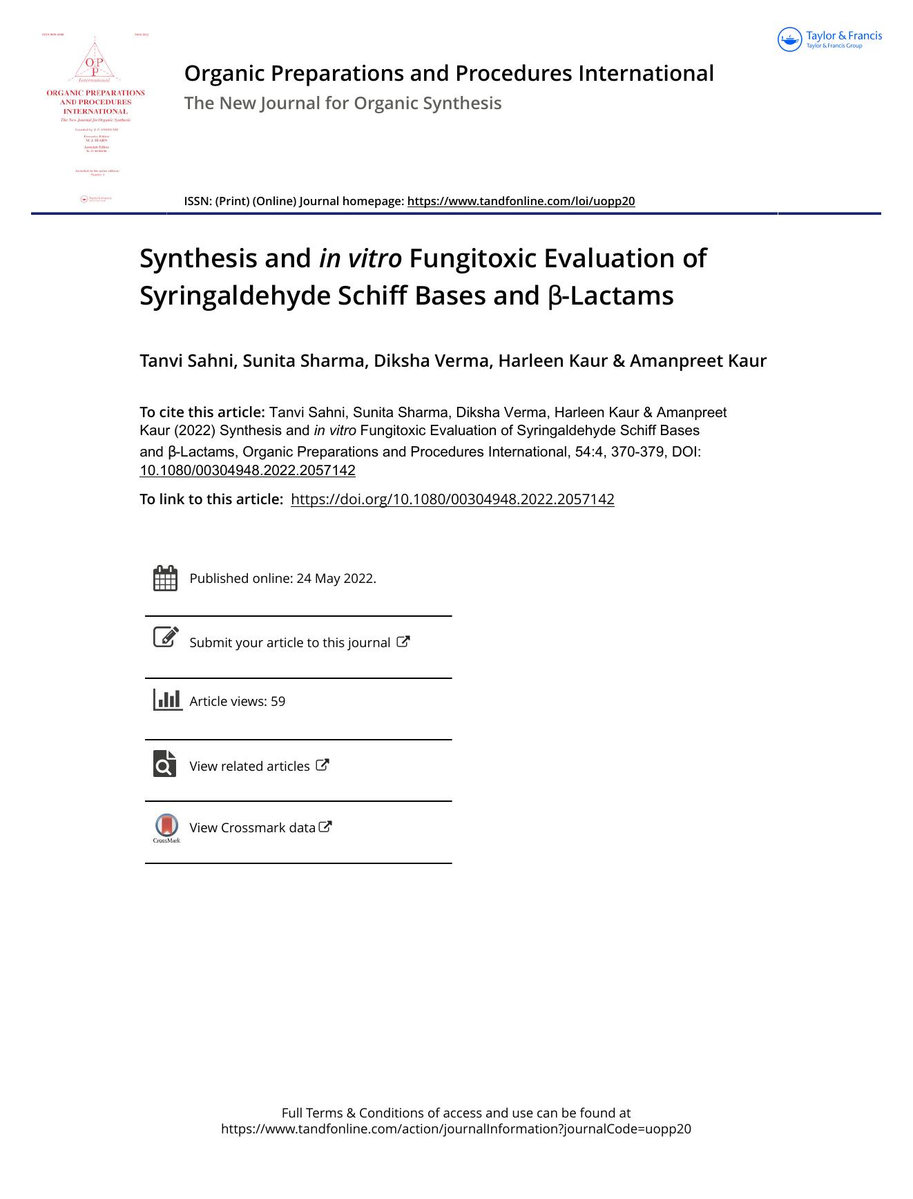 Synthesis and inÂ vitro Fungitoxic Evaluation of Syringaldehyde Schiff Bases and Î²-Lactams by Sahni Tanvi & Sharma Sunita & Verma Diksha & Kaur Harleen & Kaur Amanpreet