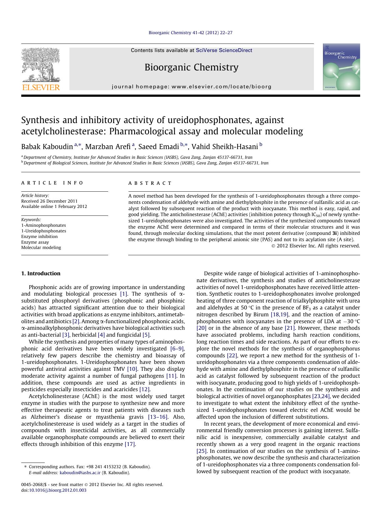 Synthesis and inhibitory activity of ureidophosphonates, against acetylcholinesterase: Pharmacological assay and molecular modeling by Babak Kaboudin & Marzban Arefi & Saeed Emadi & Vahid Sheikh-Hasani